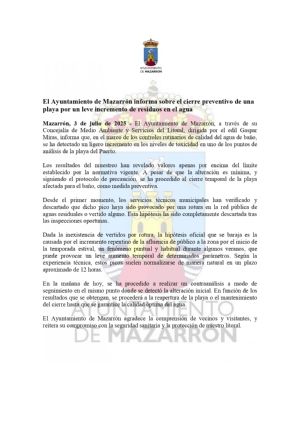 El Ayuntamiento de Mazarrón informa sobre el cierre preventivo de la playa del Puerto por un leve incremento de residuos en el agua