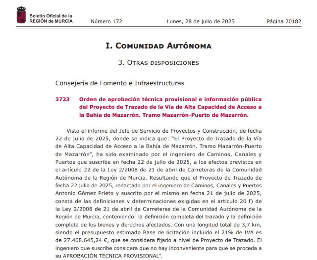 Fomento inicia hoy la exposición pública del trazado de la futura vía de alta capacidad de la bahía de Mazarrón